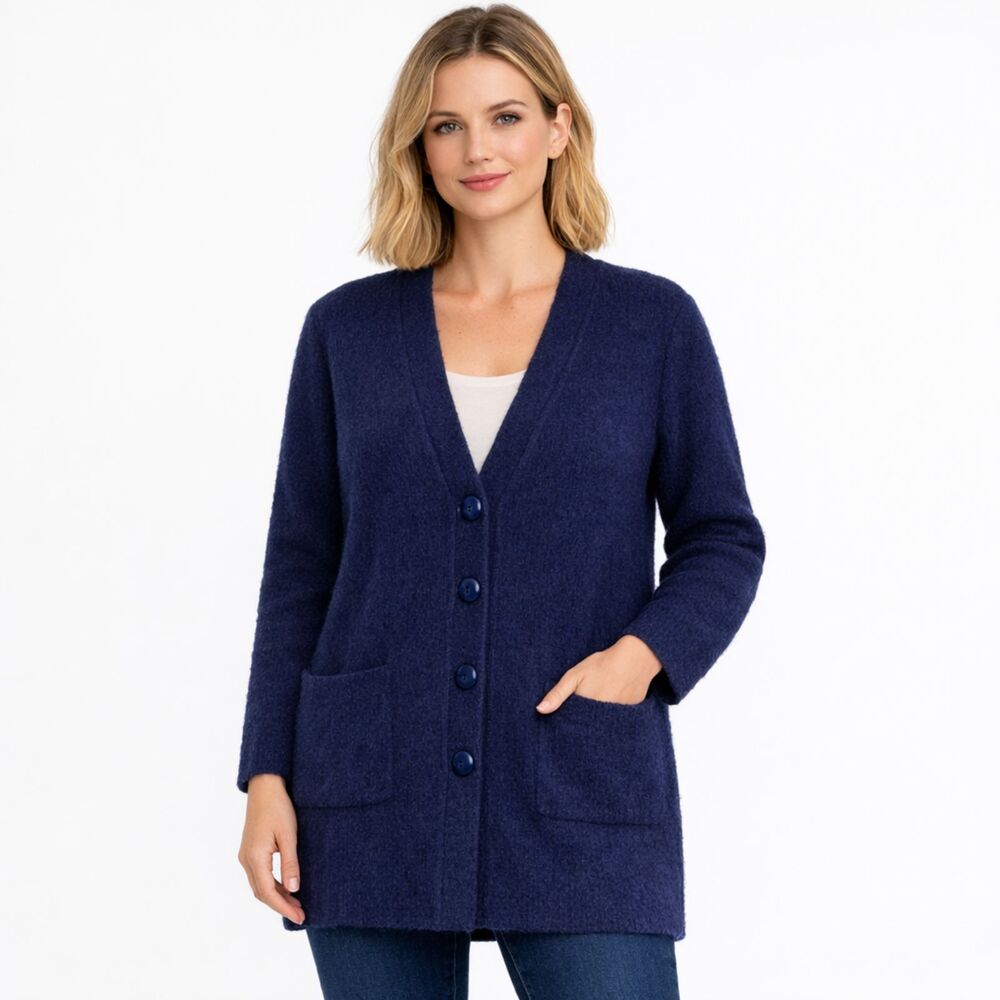 VTG Stizzoli Wool Long Cardigan Womens 18 Navy Boucle Knit Sweater Jacket Italy
